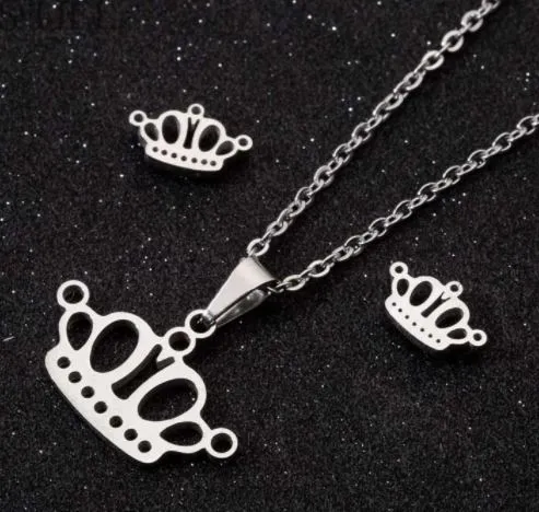 POLLY Necklaces N822 Silver Crown Stainless Steel Necklace with FREE Earrings