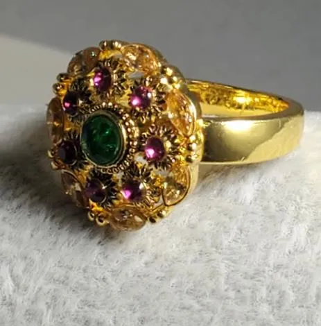 R196 Gold Pink Green Rhinestone Ring POLLY Rings