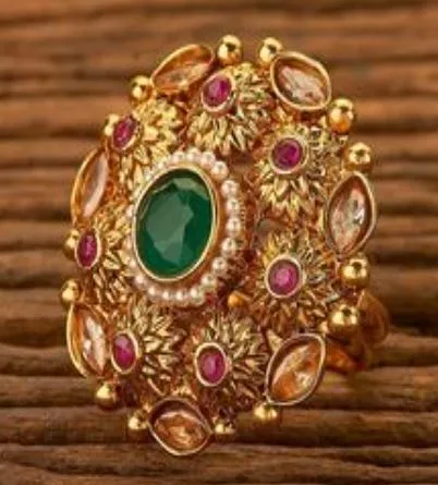 R196 Gold Pink Green Rhinestone Ring POLLY Rings