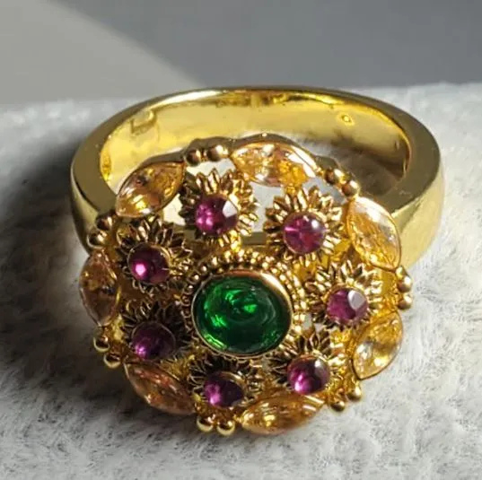 R196 Gold Pink Green Rhinestone Ring POLLY Rings