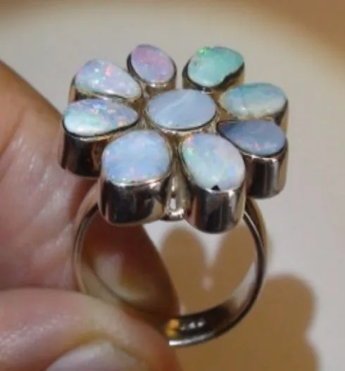 R327 Silver Green Glitter Flower Ring alice Rings