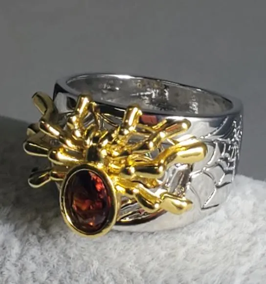 R336 Silver Gold Spider Red Gem Ring alice Rings