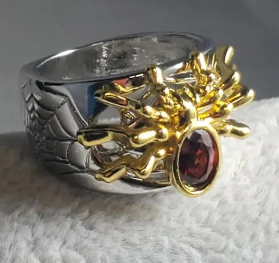 R336 Silver Gold Spider Red Gem Ring alice Rings