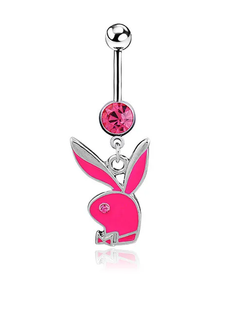 Rings 02 P153 Silver Hot Pink Enamel Bunny Rabbit Belly Button Ring