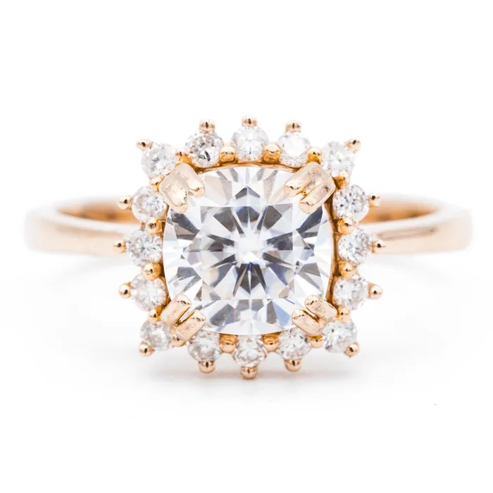 Rings 7mm Cushion Center 14K Rose Gold Star Halo Diamond Accent Ring Fire Brilliance Rings 7mm Cushion Center 14K Rose Gold Star Halo Diamond Accent Ring Fire Brilliance