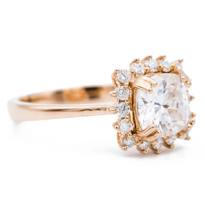 Rings 7mm Cushion Center 14K Rose Gold Star Halo Diamond Accent Ring Fire Brilliance 