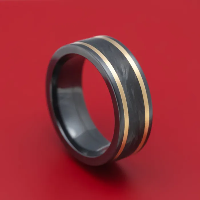 Rings Black Zirconium Ring with Forged Carbon Fiber and 14K Gold Inlays Custom Made Band Lashbrook Rings Black Zirconium Ring with Forged Carbon Fiber and 14K Gold Inlays Custom Made Band Lashbrook