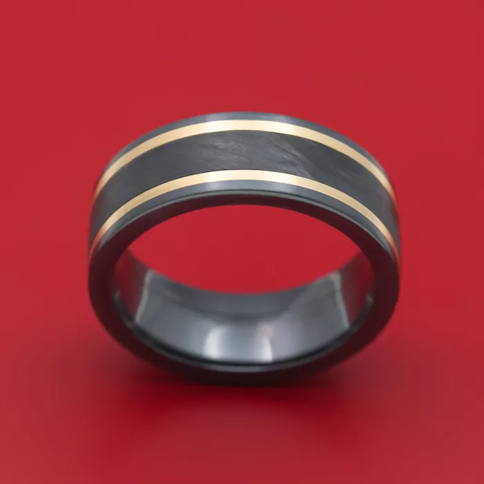 Rings Black Zirconium Ring with Forged Carbon Fiber and 14K Gold Inlays Custom Made Band Lashbrook Rings Black Zirconium Ring with Forged Carbon Fiber and 14K Gold Inlays Custom Made Band Lashbrook