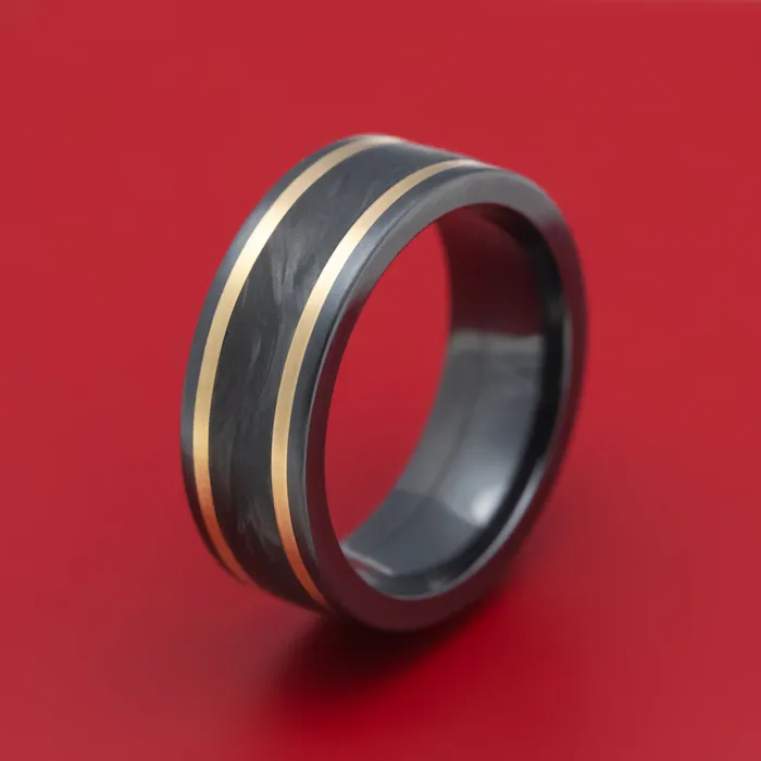 Rings Black Zirconium Ring with Forged Carbon Fiber and 14K Gold Inlays Custom Made Band Lashbrook Rings Black Zirconium Ring with Forged Carbon Fiber and 14K Gold Inlays Custom Made Band Lashbrook