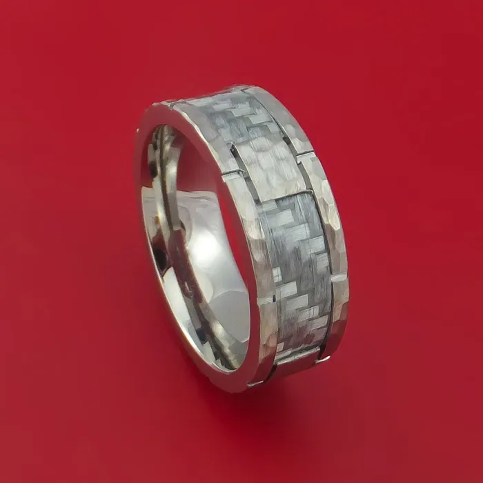 Rings Cobalt Chrome Hammered Ring with Silver Carbon Fiber Inlay Custom Inlay Lashbrook Rings Cobalt Chrome Hammered Ring with Silver Carbon Fiber Inlay Custom Inlay Lashbrook