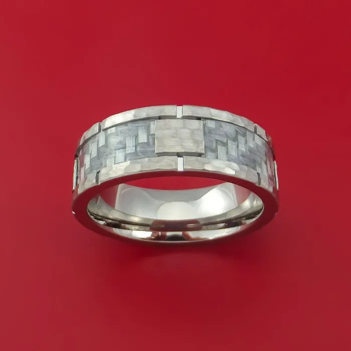 Rings Cobalt Chrome Hammered Ring with Silver Carbon Fiber Inlay Custom Inlay Lashbrook