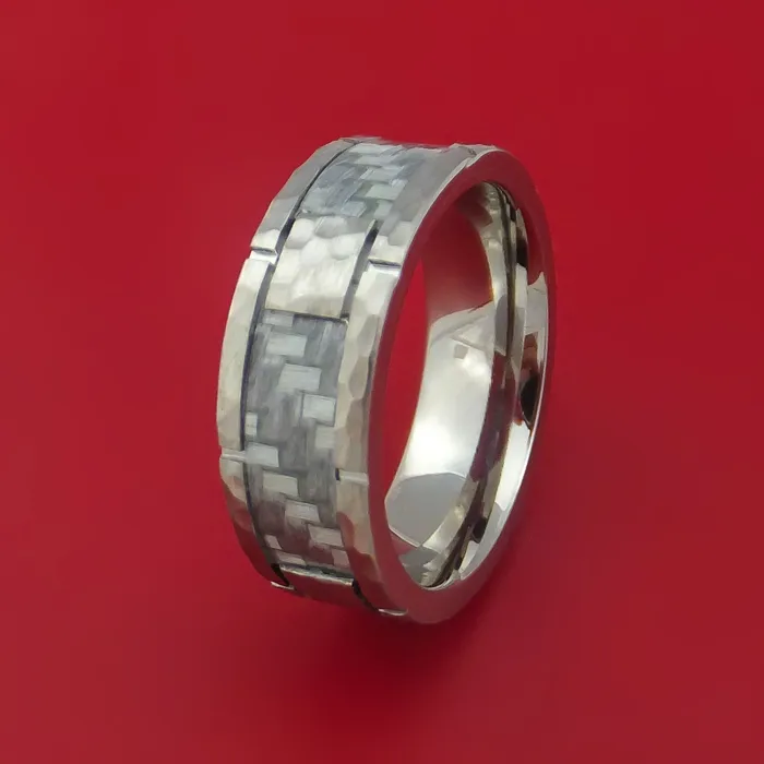 Rings Cobalt Chrome Hammered Ring with Silver Carbon Fiber Inlay Custom Inlay Lashbrook