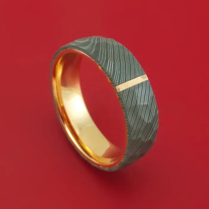 Rings Damascus Steel Hammered Ring with 14K Rose Gold Inlay and Sleeve Custom Made Band Lashbrook Rings Damascus Steel Hammered Ring with 14K Rose Gold Inlay and Sleeve Custom Made Band Lashbrook