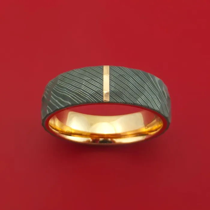 Rings Damascus Steel Hammered Ring with 14K Rose Gold Inlay and Sleeve Custom Made Band Lashbrook Rings Damascus Steel Hammered Ring with 14K Rose Gold Inlay and Sleeve Custom Made Band Lashbrook