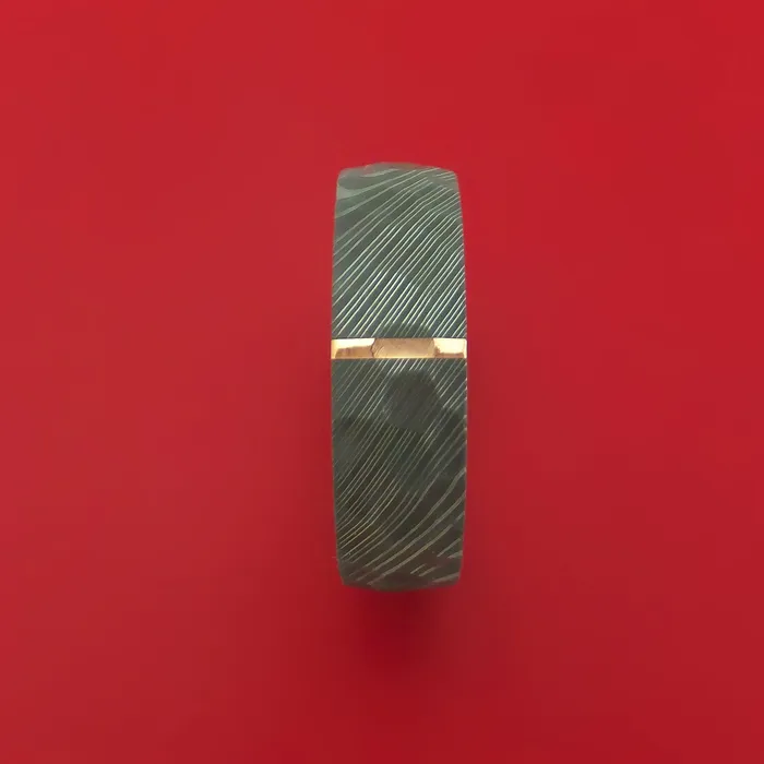 Rings Damascus Steel Hammered Ring with 14K Rose Gold Inlay and Sleeve Custom Made Band Lashbrook Rings Damascus Steel Hammered Ring with 14K Rose Gold Inlay and Sleeve Custom Made Band Lashbrook