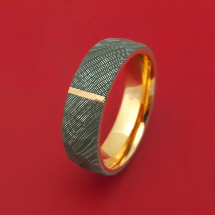 Rings Damascus Steel Hammered Ring with 14K Rose Gold Inlay and Sleeve Custom Made Band Lashbrook Rings Damascus Steel Hammered Ring with 14K Rose Gold Inlay and Sleeve Custom Made Band Lashbrook