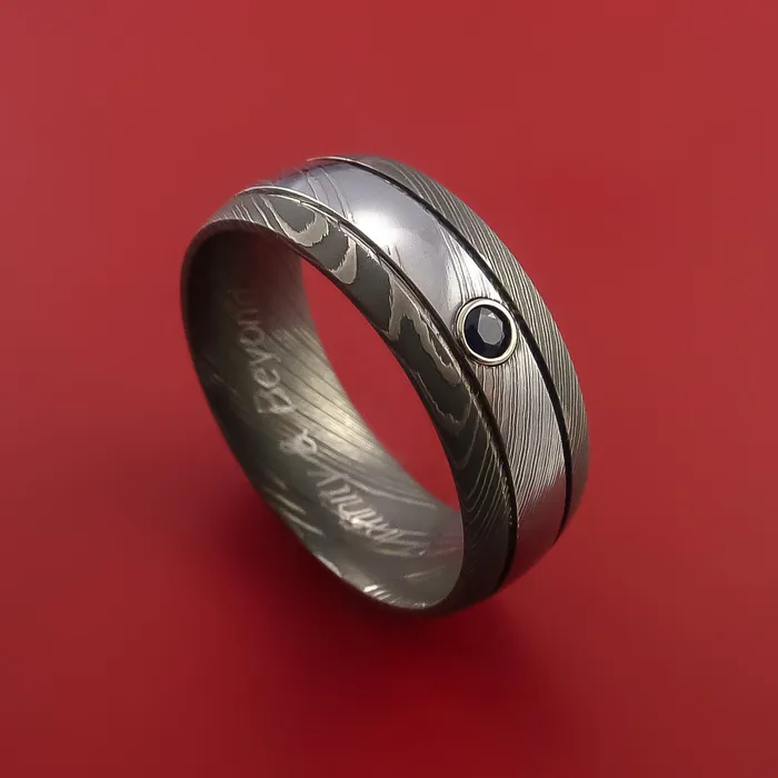 Rings Damascus Steel Ring with Groove Inlay and Blue Sapphire Custom Made Band Lashbrook Rings Damascus Steel Ring with Groove Inlay and Blue Sapphire Custom Made Band Lashbrook