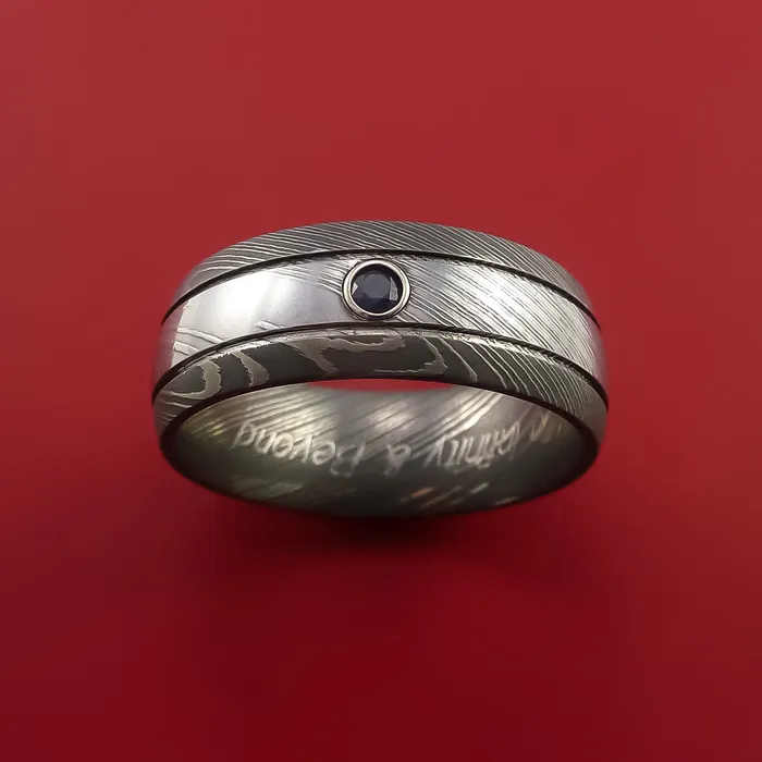 Rings Damascus Steel Ring with Groove Inlay and Blue Sapphire Custom Made Band Lashbrook Rings Damascus Steel Ring with Groove Inlay and Blue Sapphire Custom Made Band Lashbrook