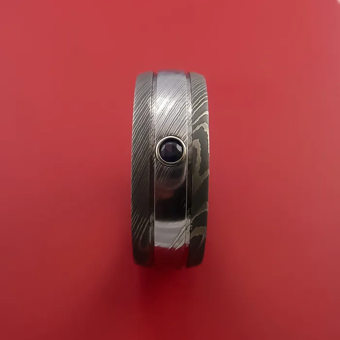 Rings Damascus Steel Ring with Groove Inlay and Blue Sapphire Custom Made Band Lashbrook Rings Damascus Steel Ring with Groove Inlay and Blue Sapphire Custom Made Band Lashbrook