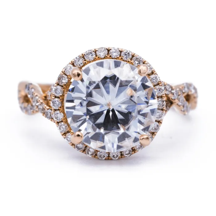 Rings Fire Brilliance 10mm Round Center 14K Rose Gold Infinite Band Halo MicroPave Diamond Ring Rings Fire Brilliance 10mm Round Center 14K Rose Gold Infinite Band Halo MicroPave Diamond Ring