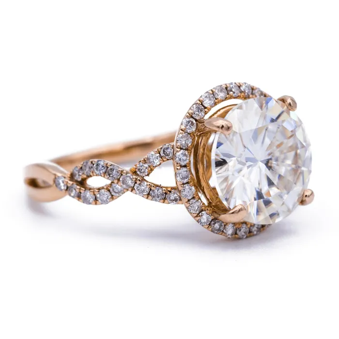 Rings Fire Brilliance 10mm Round Center 14K Rose Gold Infinite Band Halo MicroPave Diamond Ring