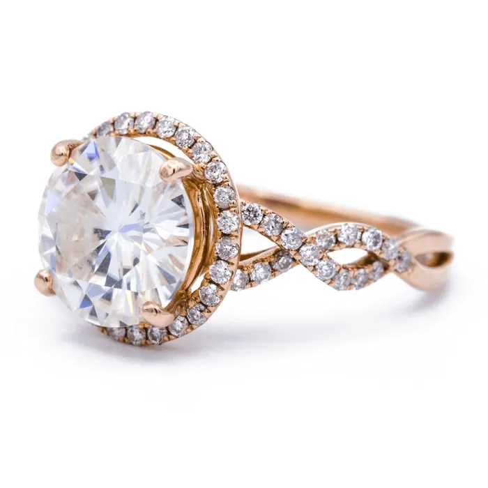 Rings Fire Brilliance 10mm Round Center 14K Rose Gold Infinite Band Halo MicroPave Diamond Ring