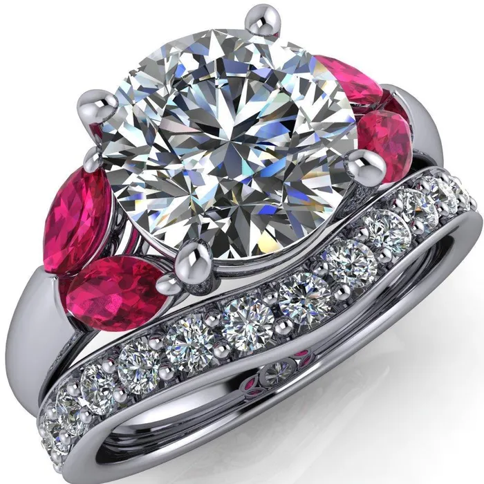 Rings Fire Brilliance Adrenne Round Center Stone 4 Prong Double Ruby Marquise Side Ring Rings Fire Brilliance Adrenne Round Center Stone 4 Prong Double Ruby Marquise Side Ring
