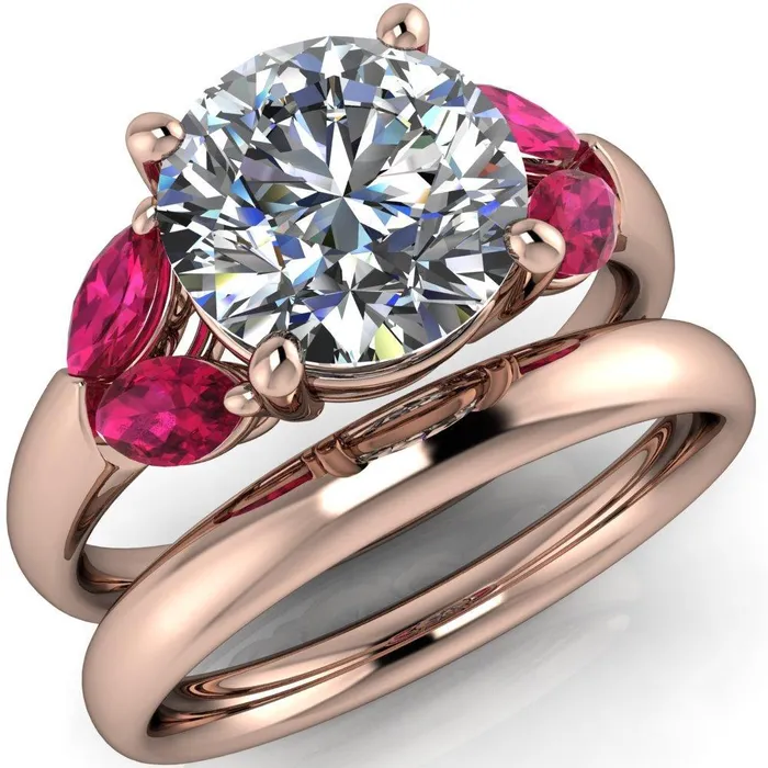 Rings Fire Brilliance Adrenne Round Center Stone 4 Prong Double Ruby Marquise Side Ring