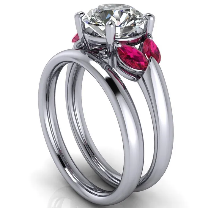 Rings Fire Brilliance Adrenne Round Center Stone 4 Prong Double Ruby Marquise Side Ring