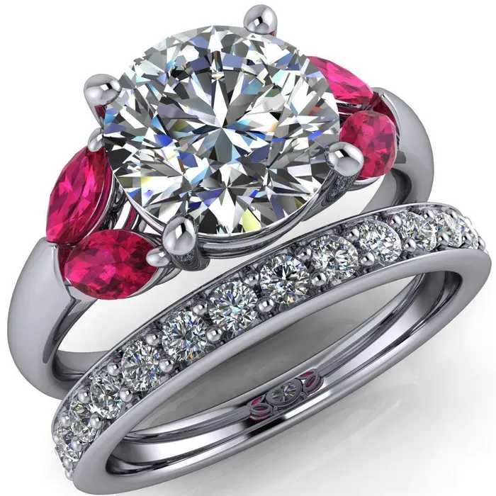 Rings Fire Brilliance Adrenne Round Center Stone 4 Prong Double Ruby Marquise Side Ring