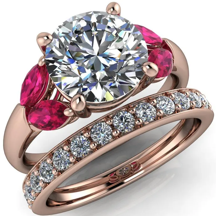 Rings Fire Brilliance Adrenne Round Center Stone 4 Prong Double Ruby Marquise Side Ring