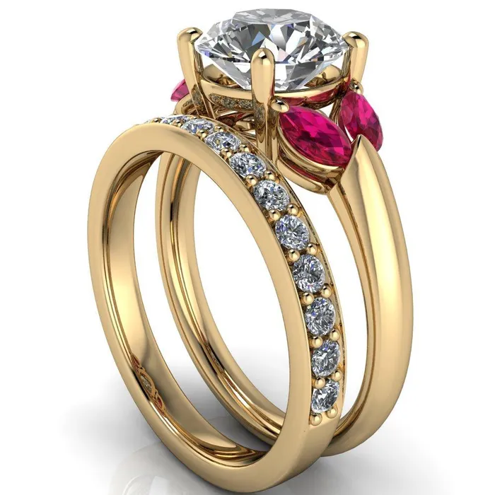 Rings Fire Brilliance Adrenne Round Center Stone 4 Prong Double Ruby Marquise Side Ring