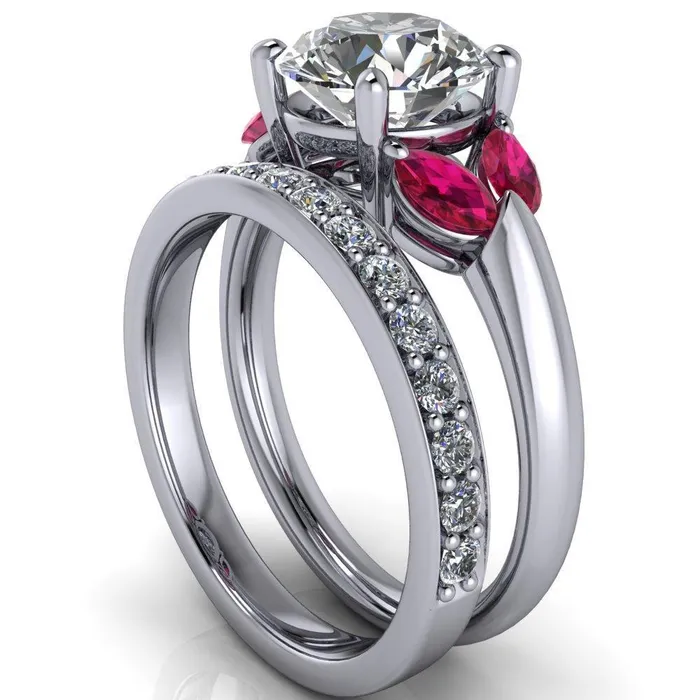 Rings Fire Brilliance Adrenne Round Center Stone 4 Prong Double Ruby Marquise Side Ring