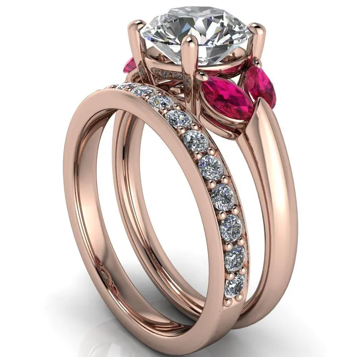 Rings Fire Brilliance Adrenne Round Center Stone 4 Prong Double Ruby Marquise Side Ring