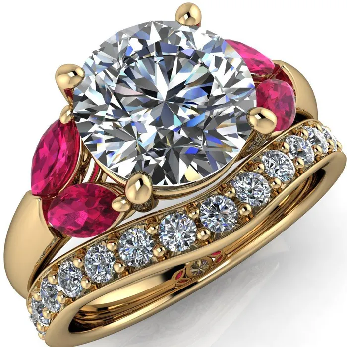 Rings Fire Brilliance Adrenne Round Center Stone 4 Prong Double Ruby Marquise Side Ring