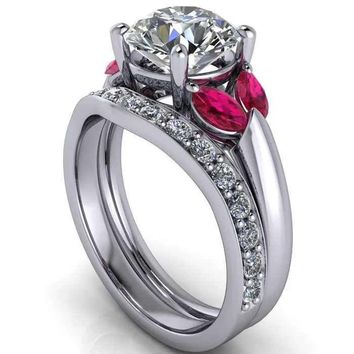 Rings Fire Brilliance Adrenne Round Center Stone 4 Prong Double Ruby Marquise Side Ring