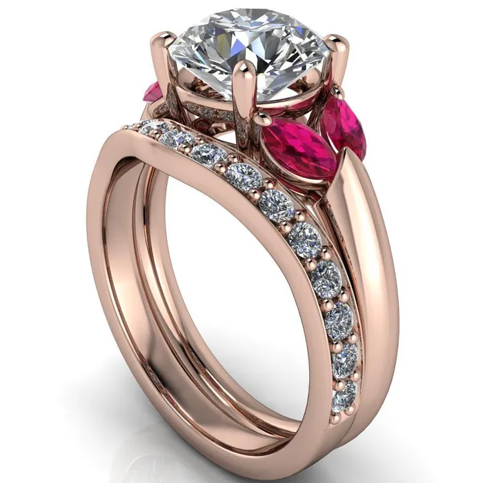 Rings Fire Brilliance Adrenne Round Center Stone 4 Prong Double Ruby Marquise Side Ring