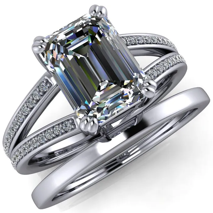 Rings Fire Brilliance Atlas Emerald Center Stone 4 Prong Split Shank Diamond Channel Engagement Ring