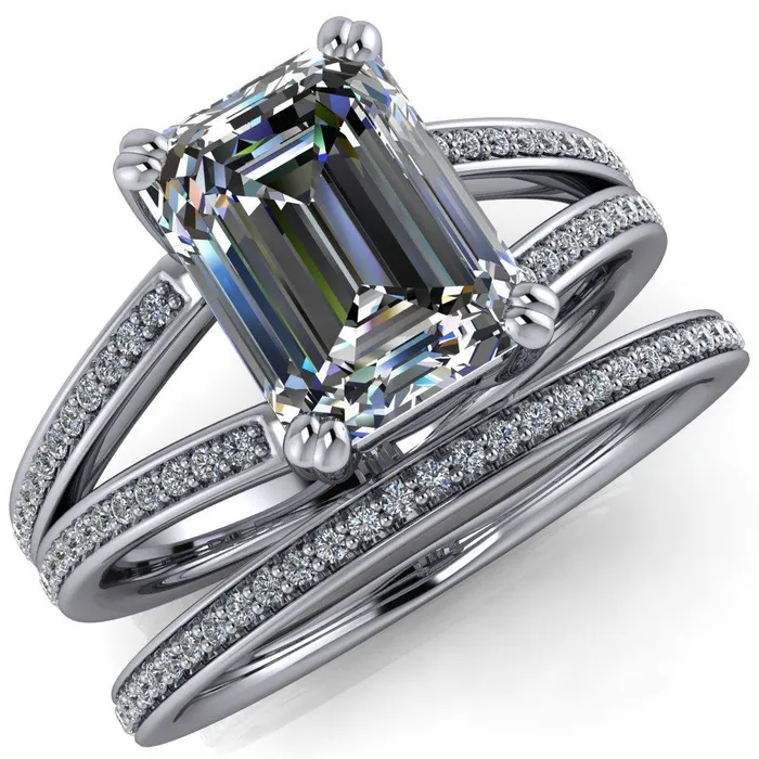 Rings Fire Brilliance Atlas Emerald Center Stone 4 Prong Split Shank Diamond Channel Engagement Ring