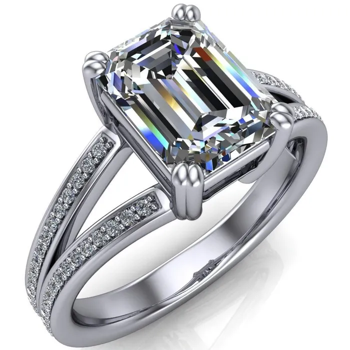 Rings Fire Brilliance Atlas Emerald Center Stone 4 Prong Split Shank Diamond Channel Engagement Ring