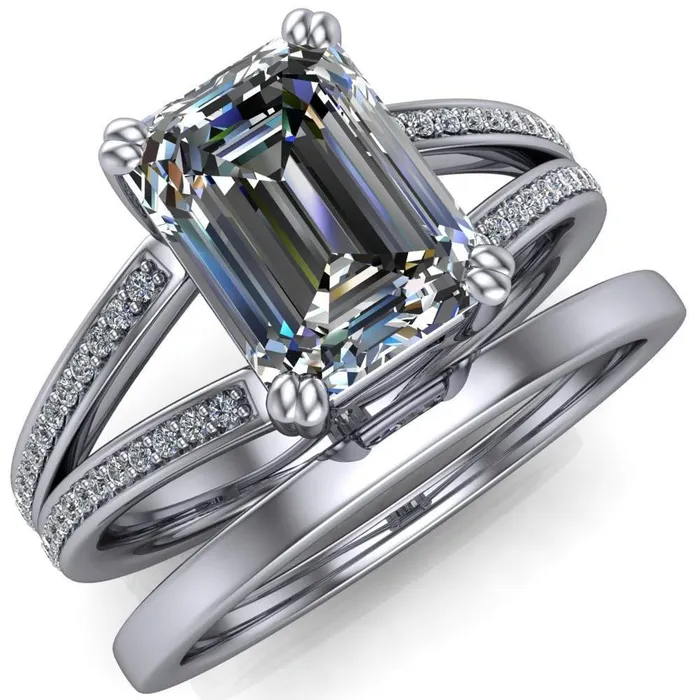 Rings Fire Brilliance Atlas Emerald Center Stone 4 Prong Split Shank Diamond Channel Engagement Ring