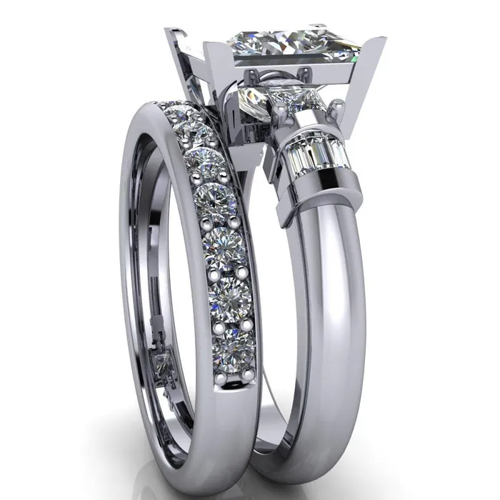Rings Fire Brilliance Bonita PrincessSquare Moissanite Baguette Shoulder 3 Stone Engagement Ring