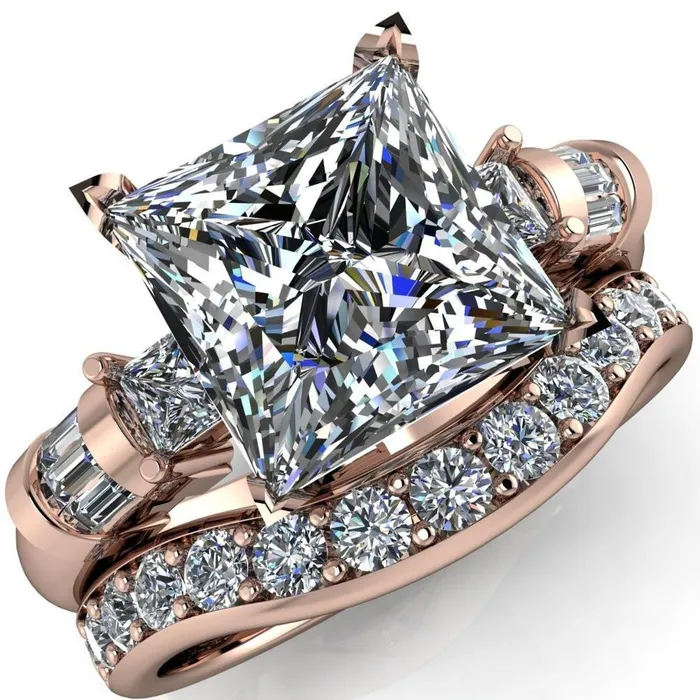Rings Fire Brilliance Bonita PrincessSquare Moissanite Baguette Shoulder 3 Stone Engagement Ring