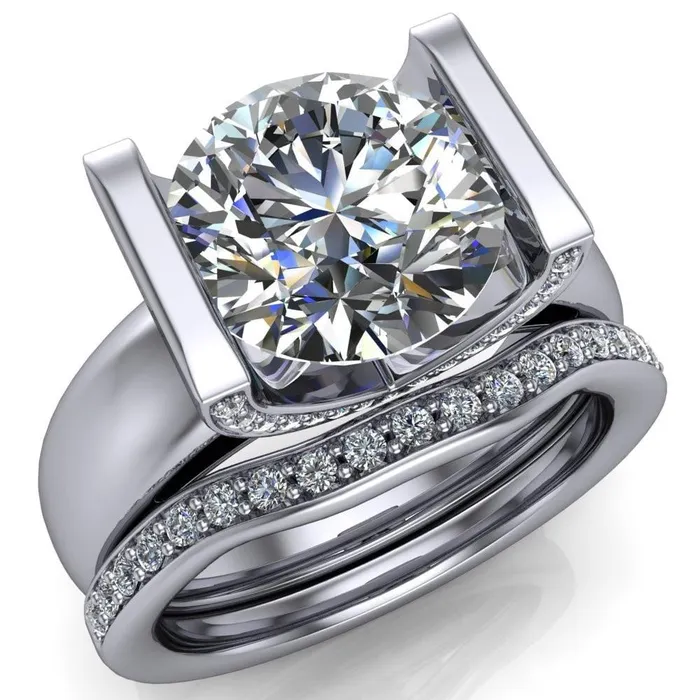 Rings Fire Brilliance Brooke Round Center Stone Half Bezel Set Thick Band Ring Rings Fire Brilliance Brooke Round Center Stone Half Bezel Set Thick Band Ring