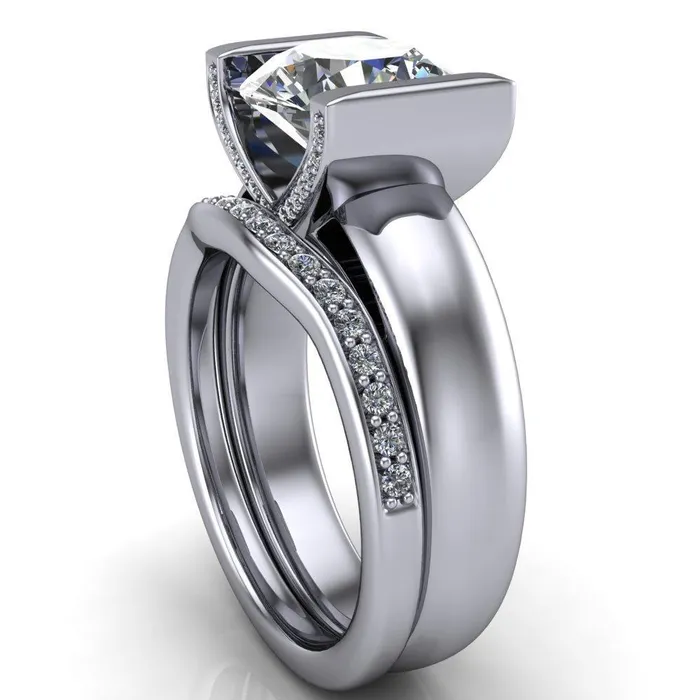 Rings Fire Brilliance Brooke Round Center Stone Half Bezel Set Thick Band Ring