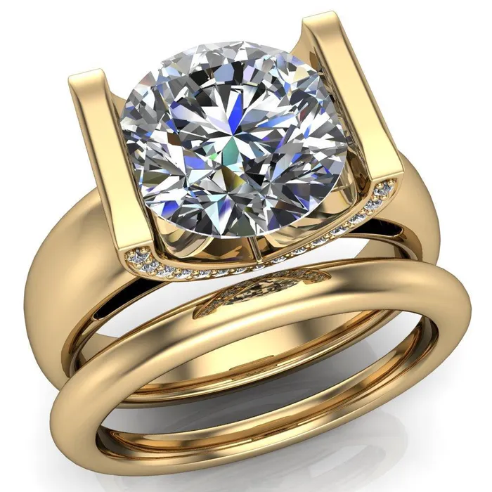 Rings Fire Brilliance Brooke Round Center Stone Half Bezel Set Thick Band Ring