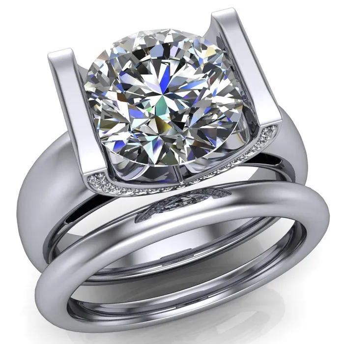 Rings Fire Brilliance Brooke Round Center Stone Half Bezel Set Thick Band Ring
