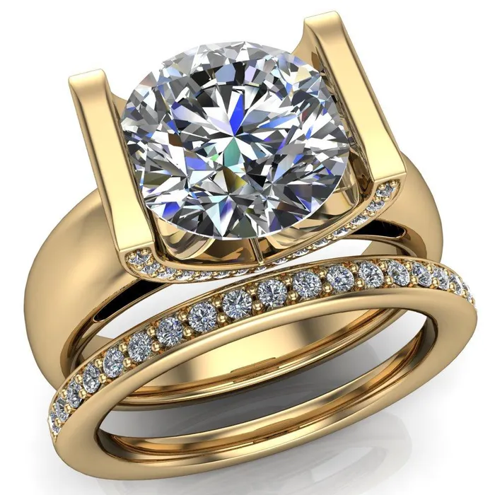 Rings Fire Brilliance Brooke Round Center Stone Half Bezel Set Thick Band Ring