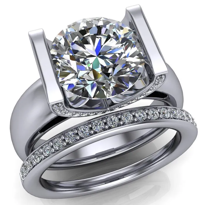 Rings Fire Brilliance Brooke Round Center Stone Half Bezel Set Thick Band Ring