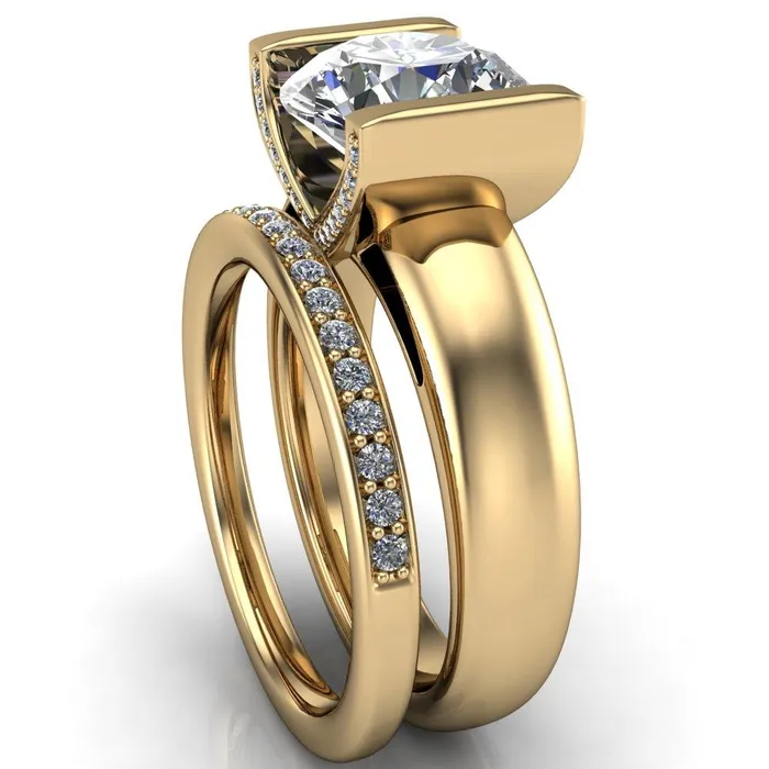 Rings Fire Brilliance Brooke Round Center Stone Half Bezel Set Thick Band Ring